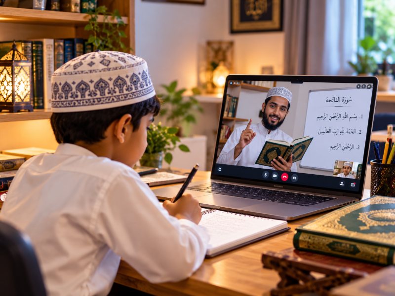 A boy learning Surah Al-Fatiha from his teacher in an online Quran class