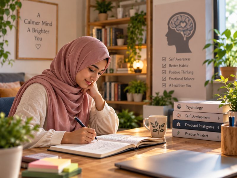 A young woman writing in a journal beside books on psychology and self-development