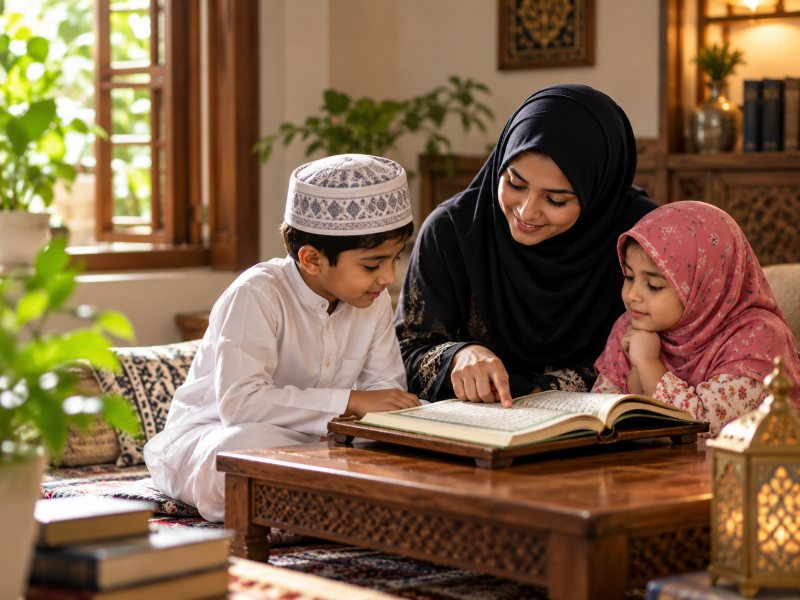 A mother reading the Quran with her two young children at home