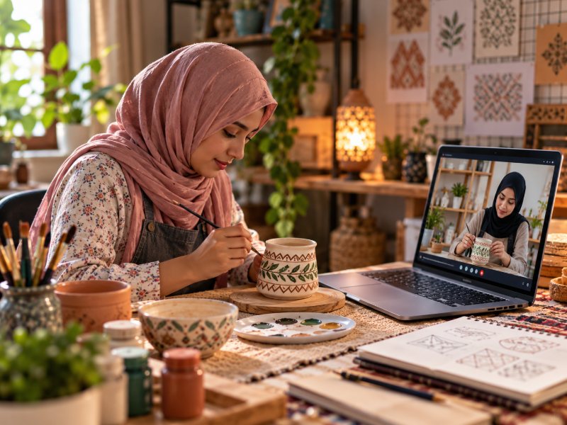 A woman painting a pottery jar while following an online class on her laptop