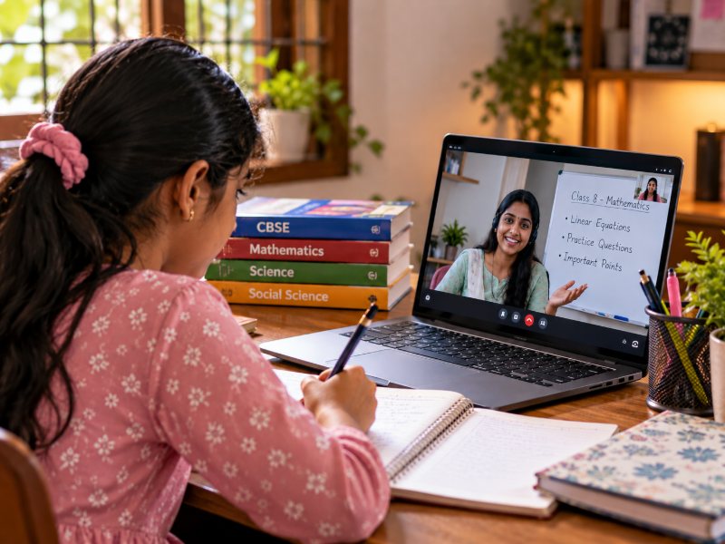 A student taking notes during an online maths lesson with her teacher on a laptop